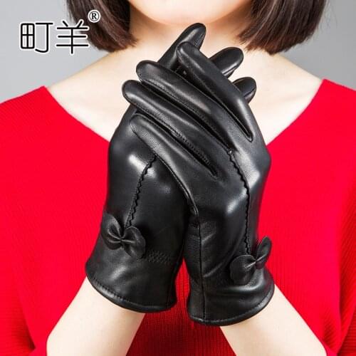 Leather gloves winter ladies warm gloves outdoor sheepskin gloves plus velvet padded gloves women gloves gloves work