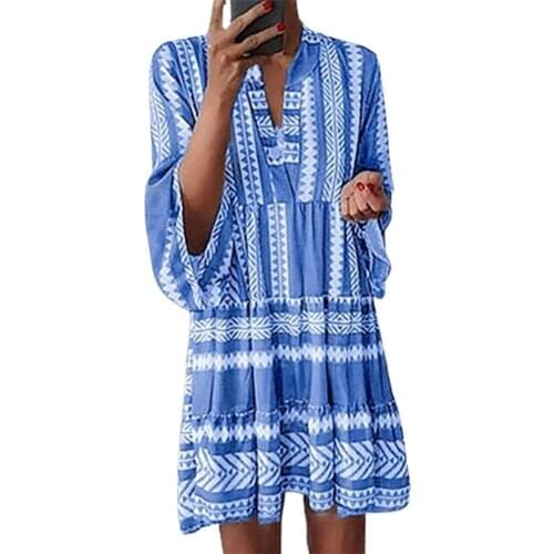 Chic Fashion Pullover V Neck Mini Dress Three Quarter Sleeve Flare Sleeve Striped Print Casual Ruffle Dress for Summer
