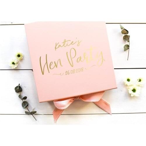 Gold font hen party welcome gift box with satin bow, custom Real Foil wedding best man boxes, hen do Christmas proposal packing