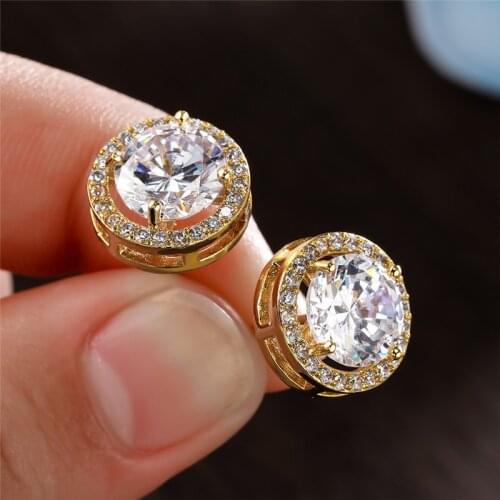 Luxury Yellow Gold Crystal Stone Stud Earrings Shining White Zircon Round Earrings For Women Wedding Vintage Fashion Earrings