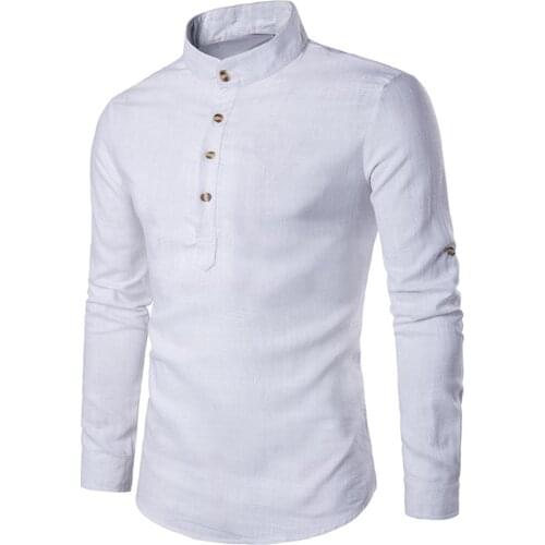 Hot Men Spring Solid Color Linen Stand Collar Long Sleeve Shirt Casual Slim Fit Top Gift