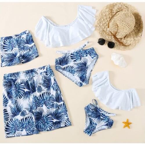 Blue Leaf Family Matching Swimsuit Clothes Summer Beach Holiday Mommy and me swimsuit Dad and Son Swimwear Shorts