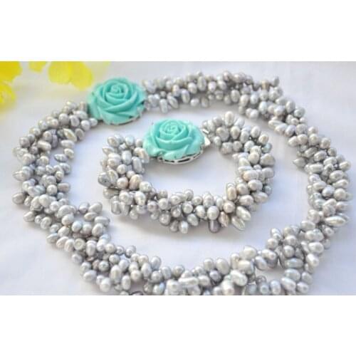 Wedding Woman jewelry Set 4 Strands 10mm Gray Natural Freshwater Pearl Choker Necklace Bracelet Green Rose Clasp Handmade