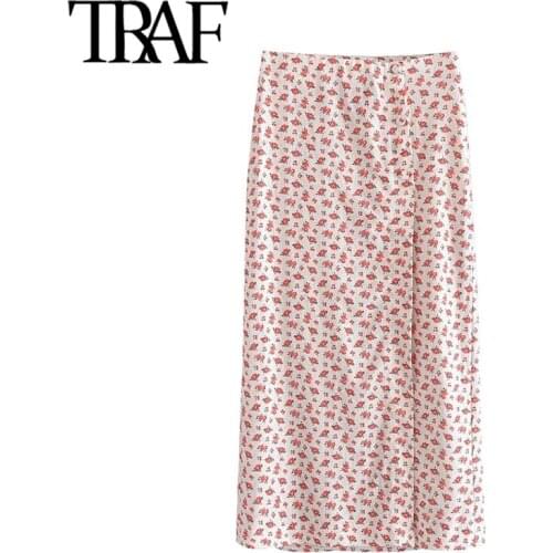 TRAF Women Chic Fashion Floral Print Front Slit Midi Skirt Vintage High Waist With Covered Buttons Female Skirts Mujer