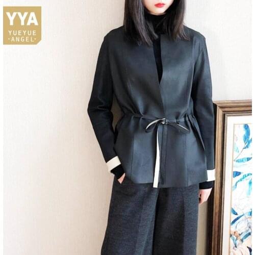 Fashion Women O Neck Belted Lace Up Natural Sheepskin Jacket Ladies Office Work Autumn Genuine Leather Jacket Colors Mixed Coats