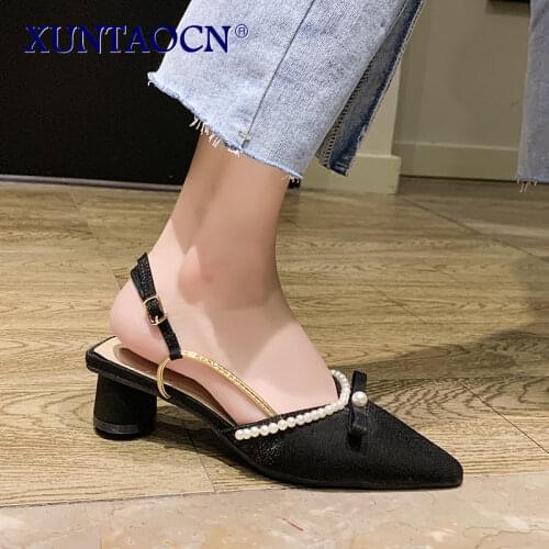 Med Closed Toe Sandals Low-Heeled Shoes With Strap 2021 Womens Suit Female Beige Shallow Mouth All-Match Medium Low-heeled New