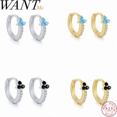 WANTME Minimalist Genuine 100% 925 Sterling Silver Pave Black Blue Zircon Flower Stud Earrings for Women Birthday Jewelry Gift