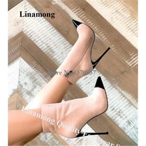 Linamong Pointed Toe Patchwork Stiletto Heel Short Boots Mixed-colors Suede Leather Slim High Heel Ankle Booties Dress Heels