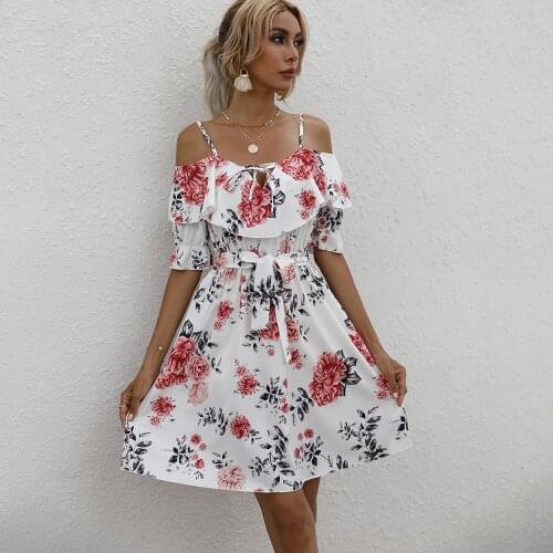 Sexy Off Shoulder Spaghetti Print Mini Dress Woman Summer Casual Lace Up Dresses For Women 2021 White Ruffle Backless Robe Femme