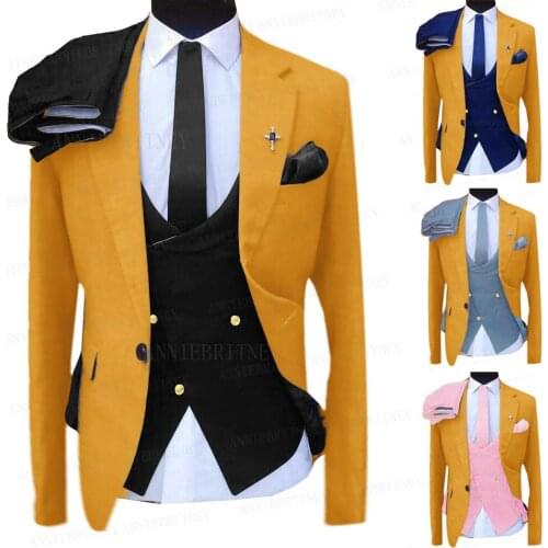 Golden Suit Men 3 Pieces Tailored Groom Wedding Dress Tuxedo Slim Fit Business Blazer Suit Jacket Double Breasted Vest Pants Set
