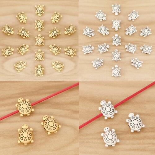 50 Pieces Tibetan Silver/Gold 3D Tortoise Turtle Spacer Beads Charms for DIY Bracelet Jewellery Making Accessories 13x9mm