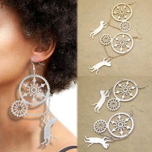 Bastet Bast Kitten Pet Cat Gear Cog Steampunk Earrings For Women Victorian Metal Chain Brinco Oorbellen Jewelry Dropdangle
