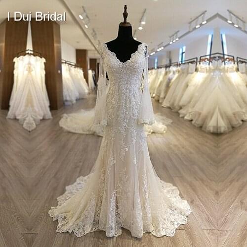 Flare Long Bell Sleeve Wedding Dress V Neck Illusion Back Appliqued Beaded Bridal Gown