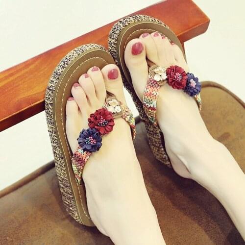XMISTUO Bohemian sandals and slippers female summer fashion wear slippers wedge flip flops female seaside non-slip beach shoes