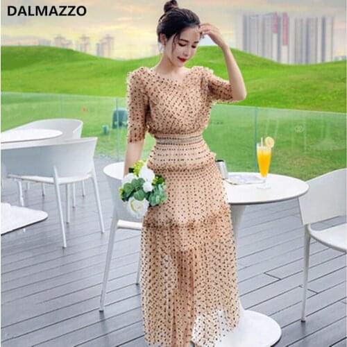 DALMAZZO French Retro Holiday Dress 2021 New Women Sweet V Neck Long Dresses With Lining Lace Edge Mesh Print Dot Vestidos Mujer