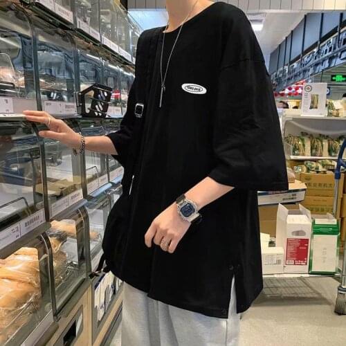 Summer T-shirt Men Round Neck Short Sleeve Black Solid Color Split Korean Vogue Cotton Harajuku Oversized Funny Couple Clothing