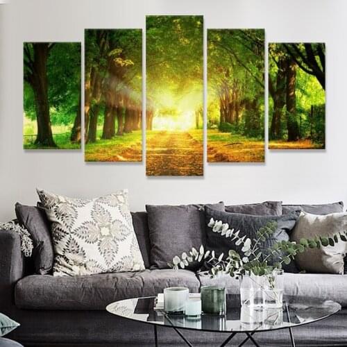 Painting On Canvas Wall Art Frame Home Decor HD Printed Pictures 5 Panel Sunshine Forests Natural Landscape Trees Poster