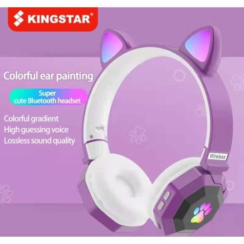 KINGSTAR LED Cat Ear Headphones Wireless Wired Bluetooth 5.0 Noise Cancelling Adults Headset Support TF Card FM Radio With Mic