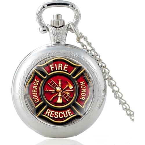Classic Fire rescue Courage Honor Design Glass Cabochon Quartz Pocket Watch Vintage Men Women Pendant Necklace Chain Clock