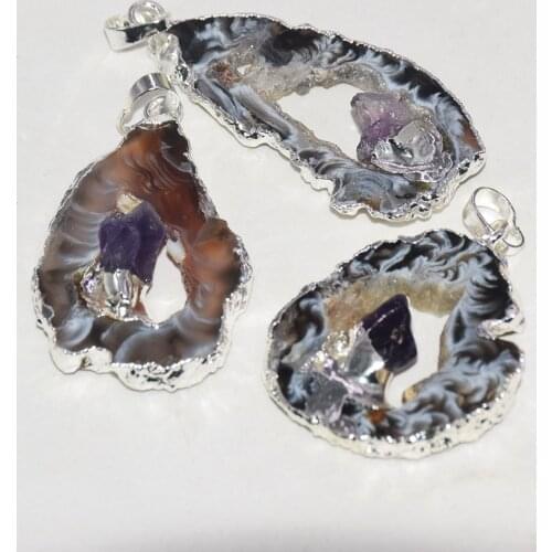 Natural Stone geode druzy pendant for jewelry making 2020 heart hole women big large black grey femme raw slice polish new