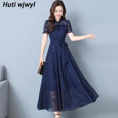 High Quality 2021 Summer Solid Chiffon Jacquard Maxi Dress Vintage Plus Size Sundress Elegant Women Bodycon Party Midi Vestidos