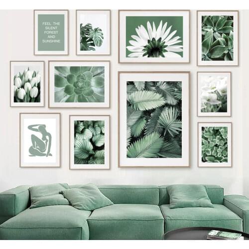 Green Plants Wall Art Monstera Tulip Flower Leaves Poster Nordic Decor Canvas Painting Pictures for Living Room Home Decoration