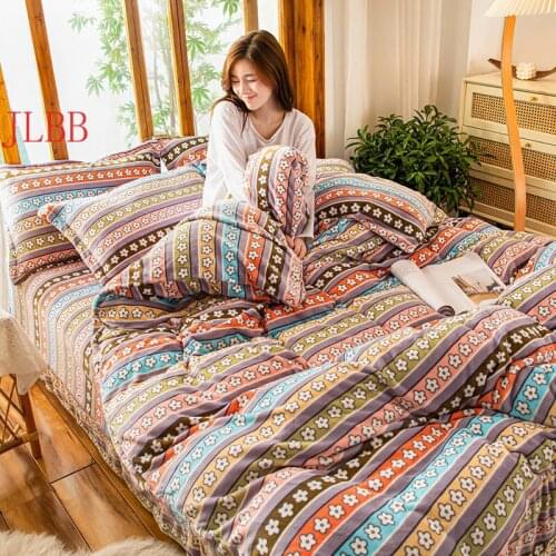 2020 new bohemia style flannel fleece bedding set flower duvet cover set pastoral bed linen set winter warm thicken bedclothes