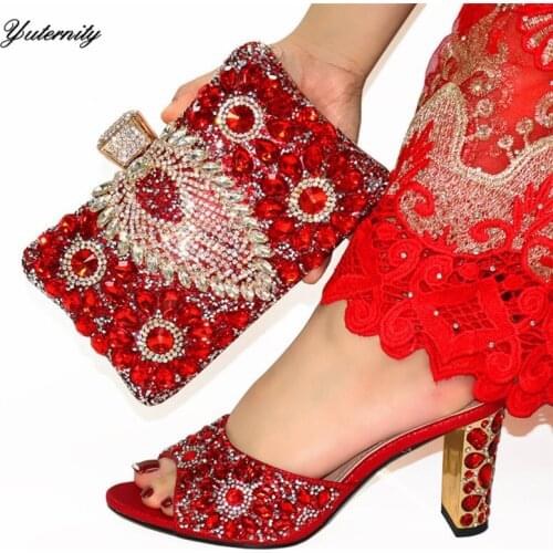 New Arrival Woman Rhinestone Red Color Shoes And Bag Set Summer Elegant High Heels Shoes And Bag Set For 5Colors On Stock