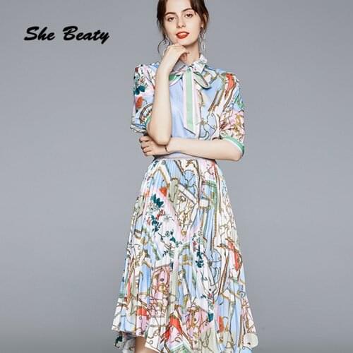 She Beaty Two Piece Sets Women 2021 Spring Summer High Street Runway Fashion Folral Printed Pleated 2 Piece Suit Elegant Outfits