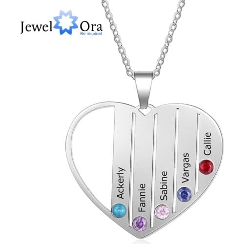 Personalized Heart Necklace with 5 Birthstones Custom Engraved Name Mother Kids Necklace Family Gift (JewelOra NE103267)