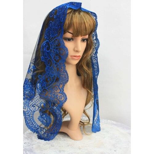 Blue Spanish Lace Mantilla ,Embroidery Chapel Scarf Veil ,Infinity Lace Chapel