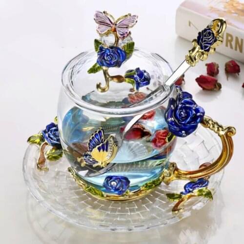 Red Rose Enamel glass coffee mugs tea cups and mugs Handmade heat resistant glasses water Cup drinkware lover gift wedding cup