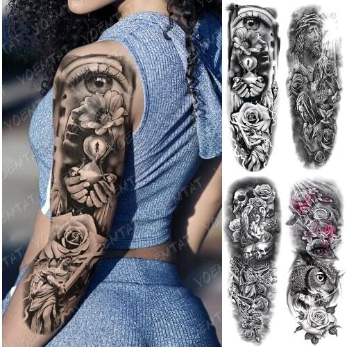 Large Arm Sleeve Tattoo Hourglass Rose Eye Waterproof Temporary Tatto Sticker Angel Owl Body Art Full Fake Tatoo Women Men