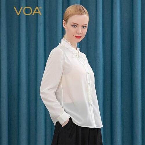 VOA Silk Crepe De Chine Half High Neck Tops Tie Georgette Ears Single-breasted Straight Breathable Long-sleeved Shirt B8551
