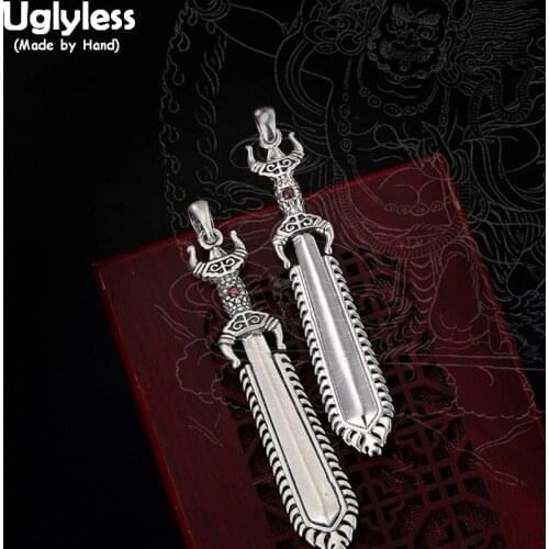 Uglyless Real 999 Fine Silver Men Cool Sword Pendant without Necklace Buddhism Implement Jewelry Handmade Engraved Bijoux Garnet