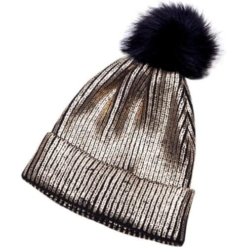 Women Girls Knitted Crochet Beanie Hat With Pom Pom Winter Warm Metallic Shiny Beanie Hat Caps New 2020 Fashion Lady Girl Hats