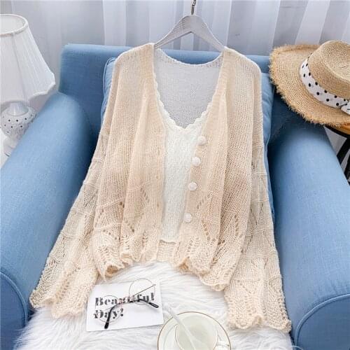 Flare Sleeved Knitted Thin Women Cardigan 2021 Summer New Solid Loose Casual Hollow Out Female Outwear Coat Tops