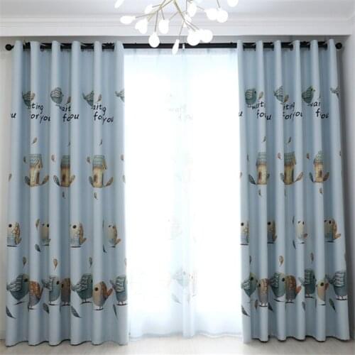 Blue Beige Blackout Curtains with Bird Print 1-Panel Kitchen Bedroom Living Room Window Decoration Custom Size Hotel Drapes