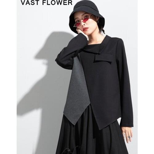 Irregular Patchwork T-Shirt Women New Lapel Long Sleeve Fashion Temperament Casual Loose Tshirt Tops Clothes 2021 Spring Autumn