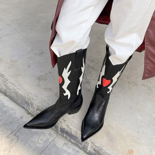 Womens Pointed Toe Knee Thigh Boots Genuine Leather Heart Decor Shoes Pull On Chunky Heel Chelsea Long Cowboy New 2021