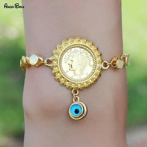 5mm Chain Adjustable Demon Eye Bracelet Pendant Round Bracelet for Women Gold Plated Vintage Coin Couple Jewelry Best Gift Girl