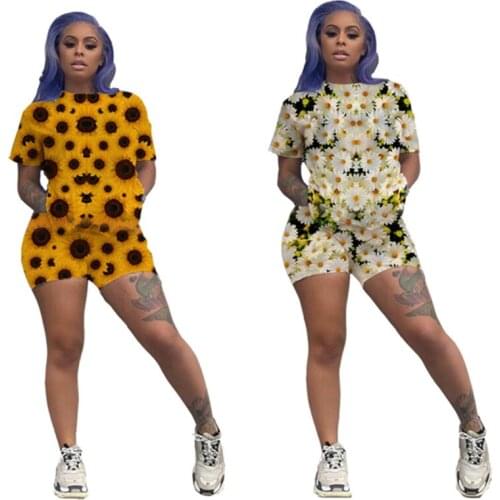 Womens Fashion Casual Chrysanthemum Print Two Piece Loungewear Short Set