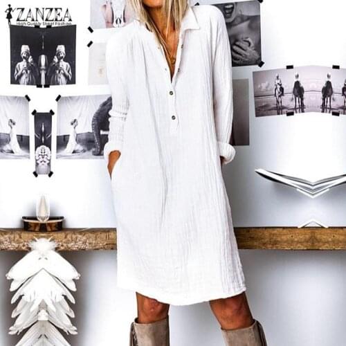 ZANZEA Fashion Autumn Long Shirt Dress Women Lapel Neck Long Sleeve Buttons Vestido Casual Loose Cotton Linen Sundress