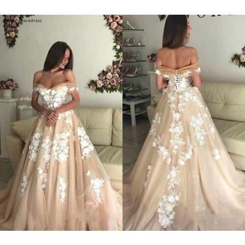Spring Champagne Wedding Dresses 2019 A Line Appliques Off The Shoulder Country Garden Bride Bridal Gowns Plus Size Custom Made