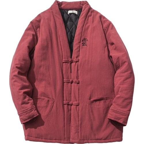 Winter Coat Men Text Embroidery Thicken Cotton-padded Clothes Chinese Style Kimono Open Stitch Jacket Outerwear