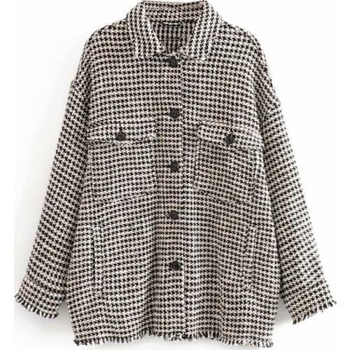 2021 Frayed Tassel Oversized Tweed Plaid Women Vintage Single Breasted Tassel Coat European Houndstooth Jacket Plus Size Coat