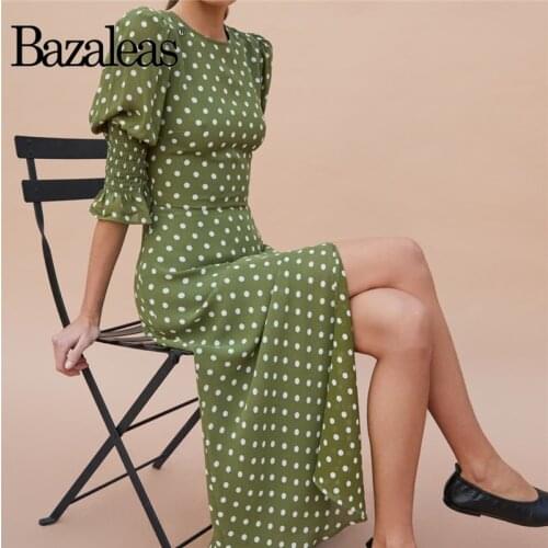 2021 Vintage Midi Dresses Retro O Neck Half Flare Sleeve Vestidos Chic dot Print Green Split Girl Dress