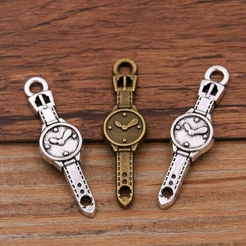 30PCS 9*35mm 2 Color Vintage Metal Zinc Alloy Wrist Watch Steampunk Clock Charms For DIY Necklace Bracelet Jewelry Making