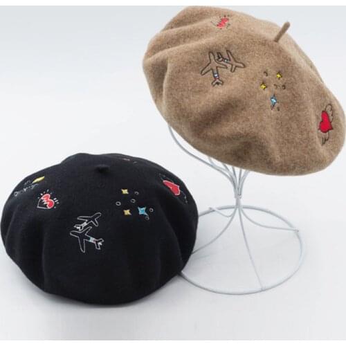 Bonnets Beret hat women wool solid color beret embroidery retro hat retro plain beret hat warm hat elegant ladies winter hat