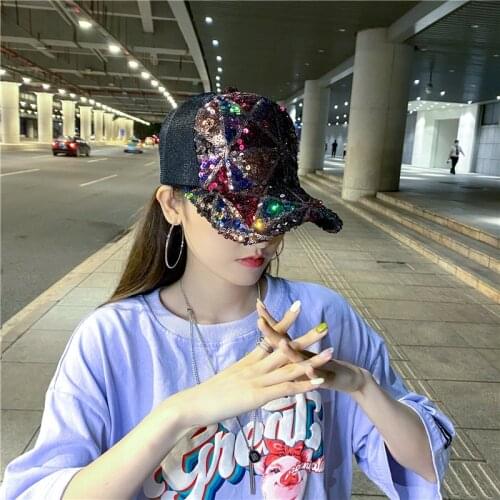 Spring and summer Snapback Hat casual all-match net hip hop caps thin sequin baseball cap for women